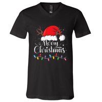 Merry Christmas Red Santa Hat Reindeer Xmas Family V-Neck T-Shirt