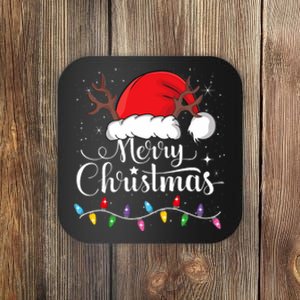 Merry Christmas Red Santa Hat Reindeer Xmas Family Coaster