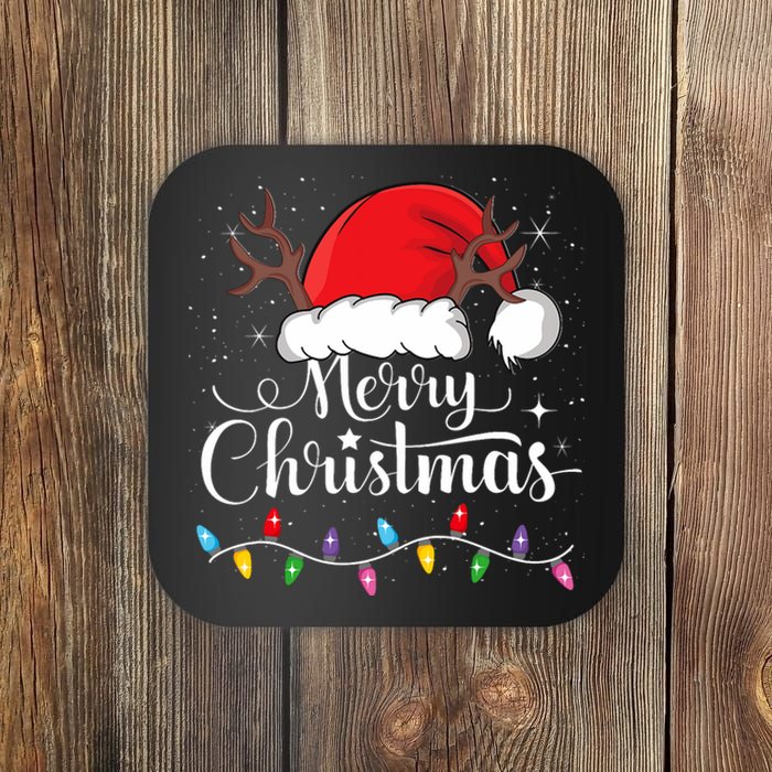 Merry Christmas Red Santa Hat Reindeer Xmas Family Coaster