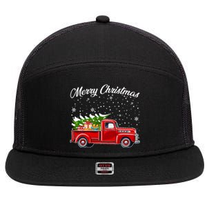 Merry Christmas Red Truck Xmas 7 Panel Mesh Trucker Snapback Hat