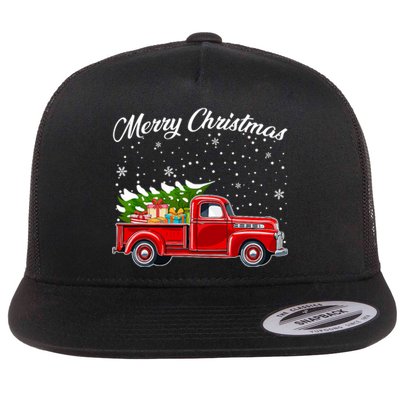 Merry Christmas Red Truck Xmas Flat Bill Trucker Hat