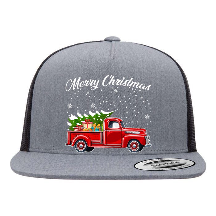 Merry Christmas Red Truck Xmas Flat Bill Trucker Hat