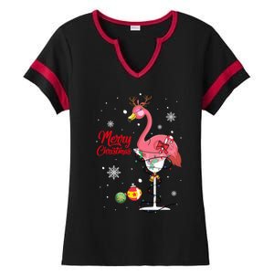 Merry Christmas Retro Reindeer Pink Flamingo Wine Xmas Party Gift Ladies Halftime Notch Neck Tee