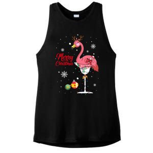 Merry Christmas Retro Reindeer Pink Flamingo Wine Xmas Party Gift Ladies PosiCharge Tri-Blend Wicking Tank