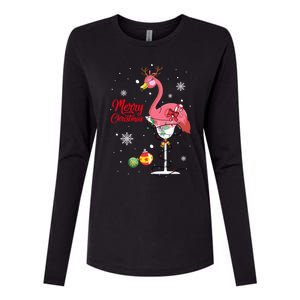 Merry Christmas Retro Reindeer Pink Flamingo Wine Xmas Party Gift Womens Cotton Relaxed Long Sleeve T-Shirt