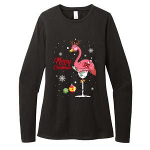 Merry Christmas Retro Reindeer Pink Flamingo Wine Xmas Party Gift Womens CVC Long Sleeve Shirt