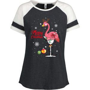 Merry Christmas Retro Reindeer Pink Flamingo Wine Xmas Party Gift Enza Ladies Jersey Colorblock Tee