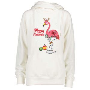 Merry Christmas Retro Reindeer Pink Flamingo Wine Xmas Party Gift Womens Funnel Neck Pullover Hood