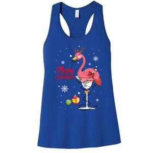 Merry Christmas Retro Reindeer Pink Flamingo Wine Xmas Party Gift Women's Racerback Tank