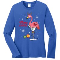 Merry Christmas Retro Reindeer Pink Flamingo Wine Xmas Party Gift Ladies Long Sleeve Shirt