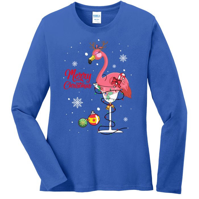 Merry Christmas Retro Reindeer Pink Flamingo Wine Xmas Party Gift Ladies Long Sleeve Shirt