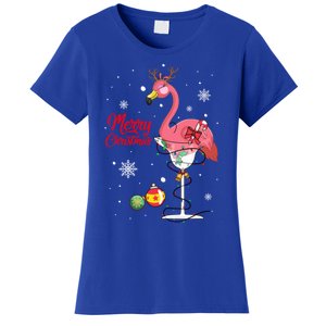 Merry Christmas Retro Reindeer Pink Flamingo Wine Xmas Party Gift Women's T-Shirt