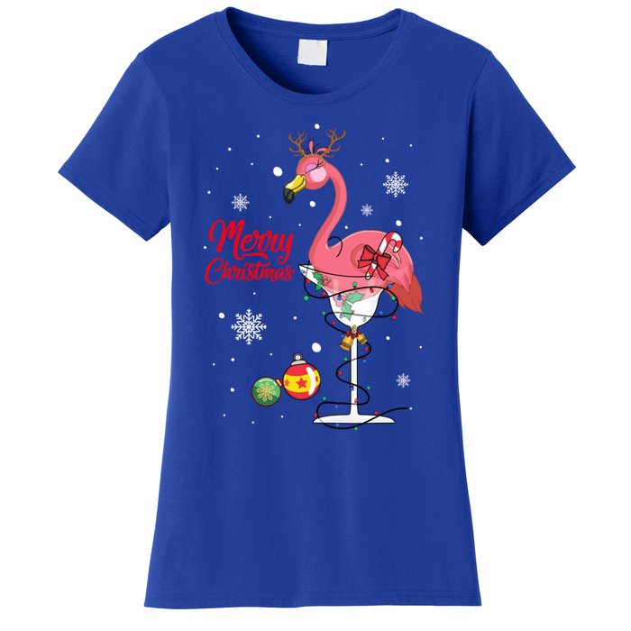 Merry Christmas Retro Reindeer Pink Flamingo Wine Xmas Party Gift Women's T-Shirt