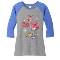 Merry Christmas Retro Reindeer Pink Flamingo Wine Xmas Party Gift Women's Tri-Blend 3/4-Sleeve Raglan Shirt