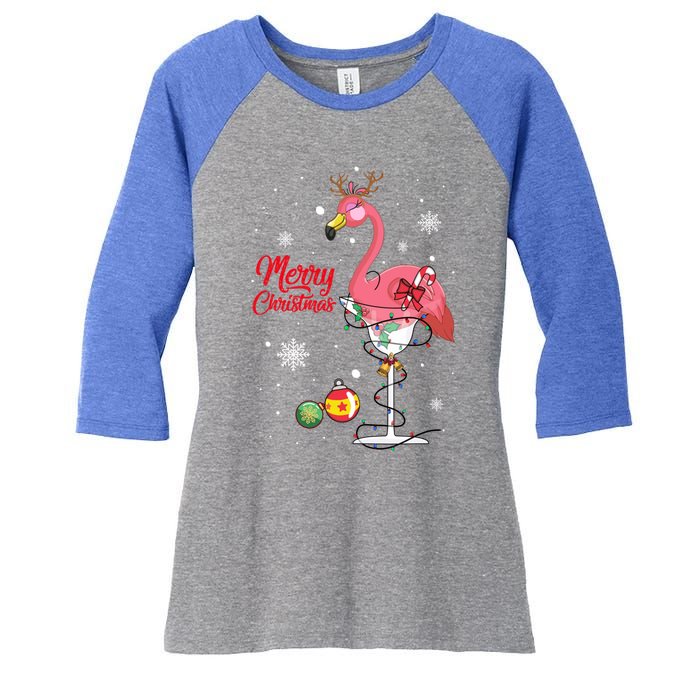 Merry Christmas Retro Reindeer Pink Flamingo Wine Xmas Party Gift Women's Tri-Blend 3/4-Sleeve Raglan Shirt