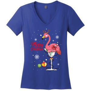 Merry Christmas Retro Reindeer Pink Flamingo Wine Xmas Party Gift Women's V-Neck T-Shirt