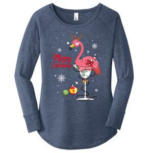 Merry Christmas Retro Reindeer Pink Flamingo Wine Xmas Party Gift Women's Perfect Tri Tunic Long Sleeve Shirt