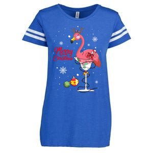 Merry Christmas Retro Reindeer Pink Flamingo Wine Xmas Party Gift Enza Ladies Jersey Football T-Shirt