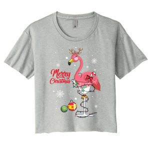 Merry Christmas Retro Reindeer Pink Flamingo Wine Xmas Party Gift Women's Crop Top Tee