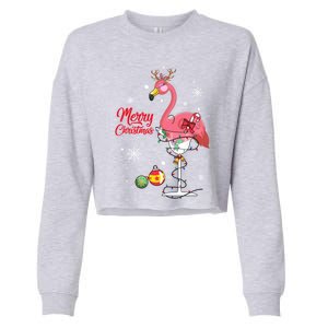 Merry Christmas Retro Reindeer Pink Flamingo Wine Xmas Party Gift Cropped Pullover Crew