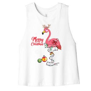 Merry Christmas Retro Reindeer Pink Flamingo Wine Xmas Party Gift Women's Racerback Cropped Tank