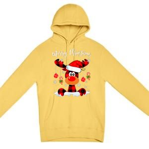 Merry Christmas Reindeer Santa Hat Buffalo Red Plaid Premium Pullover Hoodie