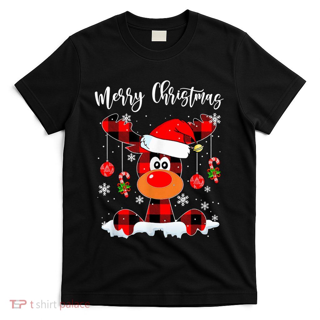Merry Christmas Reindeer Santa Hat Buffalo Red Plaid T-Shirt