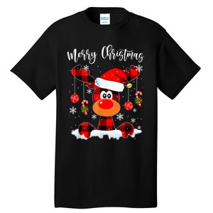 Merry Christmas Reindeer Santa Hat Buffalo Red Plaid Tall T-Shirt