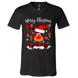 Merry Christmas Reindeer Santa Hat Buffalo Red Plaid V-Neck T-Shirt