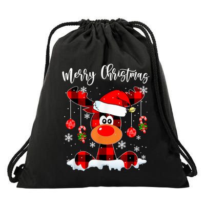 Merry Christmas Reindeer Santa Hat Buffalo Red Plaid Drawstring Bag