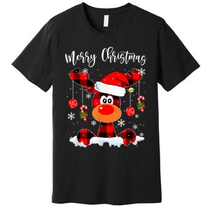 Merry Christmas Reindeer Santa Hat Buffalo Red Plaid Premium T-Shirt