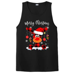 Merry Christmas Reindeer Santa Hat Buffalo Red Plaid PosiCharge Competitor Tank