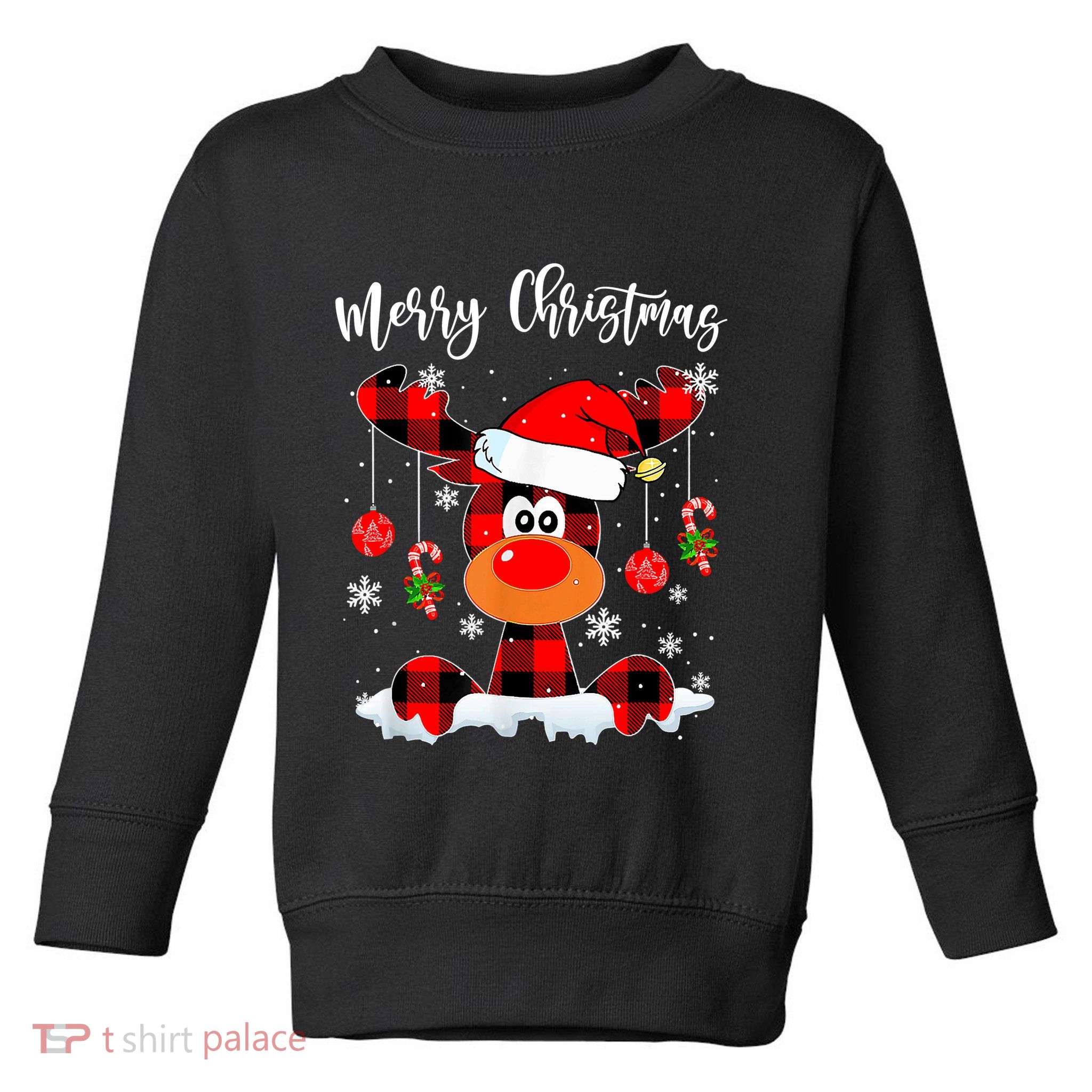 Merry Christmas Reindeer Santa Hat Buffalo Red Plaid Toddler Sweatshirt