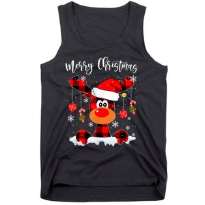 Merry Christmas Reindeer Santa Hat Buffalo Red Plaid Tank Top