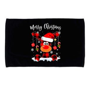 Merry Christmas Reindeer Santa Hat Buffalo Red Plaid Microfiber Hand Towel