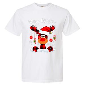 Merry Christmas Reindeer Santa Hat Buffalo Red Plaid Garment-Dyed Heavyweight T-Shirt