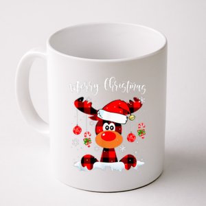 Merry Christmas Reindeer Santa Hat Buffalo Red Plaid Coffee Mug