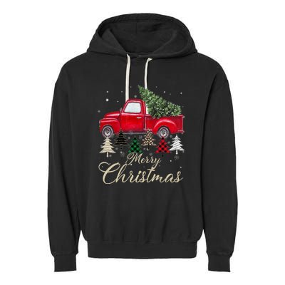 Merry Christmas Retro Xmas Vibes Buffalo Red Truck Pine Tree Garment-Dyed Fleece Hoodie