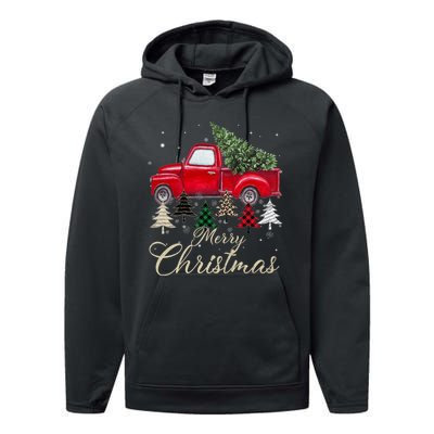 Merry Christmas Retro Xmas Vibes Buffalo Red Truck Pine Tree Performance Fleece Hoodie