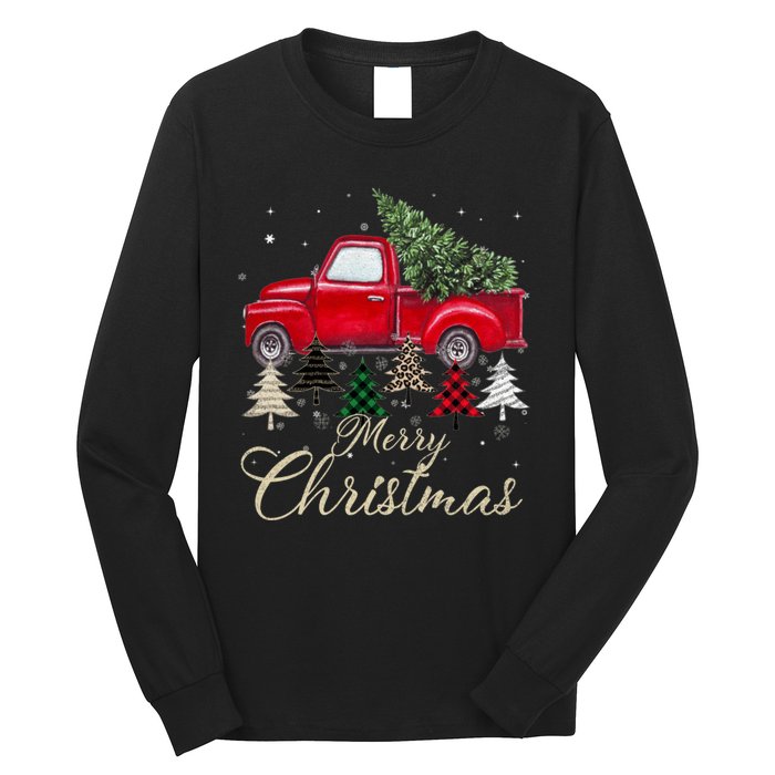 Merry Christmas Retro Xmas Vibes Buffalo Red Truck Pine Tree Long Sleeve Shirt