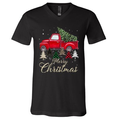 Merry Christmas Retro Xmas Vibes Buffalo Red Truck Pine Tree V-Neck T-Shirt