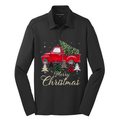 Merry Christmas Retro Xmas Vibes Buffalo Red Truck Pine Tree Silk Touch Performance Long Sleeve Polo