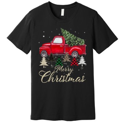 Merry Christmas Retro Xmas Vibes Buffalo Red Truck Pine Tree Premium T-Shirt