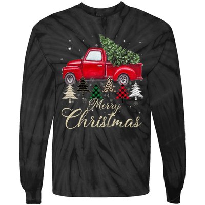 Merry Christmas Retro Xmas Vibes Buffalo Red Truck Pine Tree Tie-Dye Long Sleeve Shirt