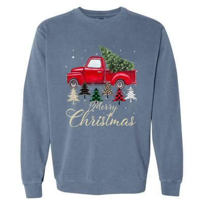 Merry Christmas Retro Xmas Vibes Buffalo Red Truck Pine Tree Garment-Dyed Sweatshirt