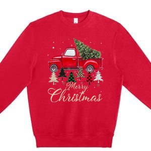 Merry Christmas Retro Xmas Vibes Buffalo Red Truck Pine Tree Premium Crewneck Sweatshirt