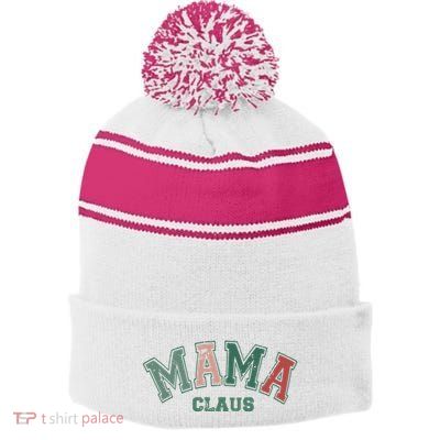 Mama Claus Retro Christmas Stripe Pom Pom Beanie