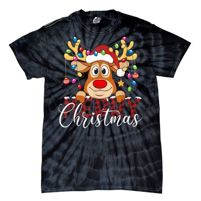 Merry Christmas Reindeer Xmas Family Pajamas Buffalo Plaid Tie-Dye T-Shirt