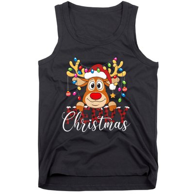 Merry Christmas Reindeer Xmas Family Pajamas Buffalo Plaid Tank Top