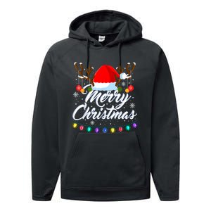 Merry Christmas Red Santa Hat Reindeer Xmas Matching Family Performance Fleece Hoodie